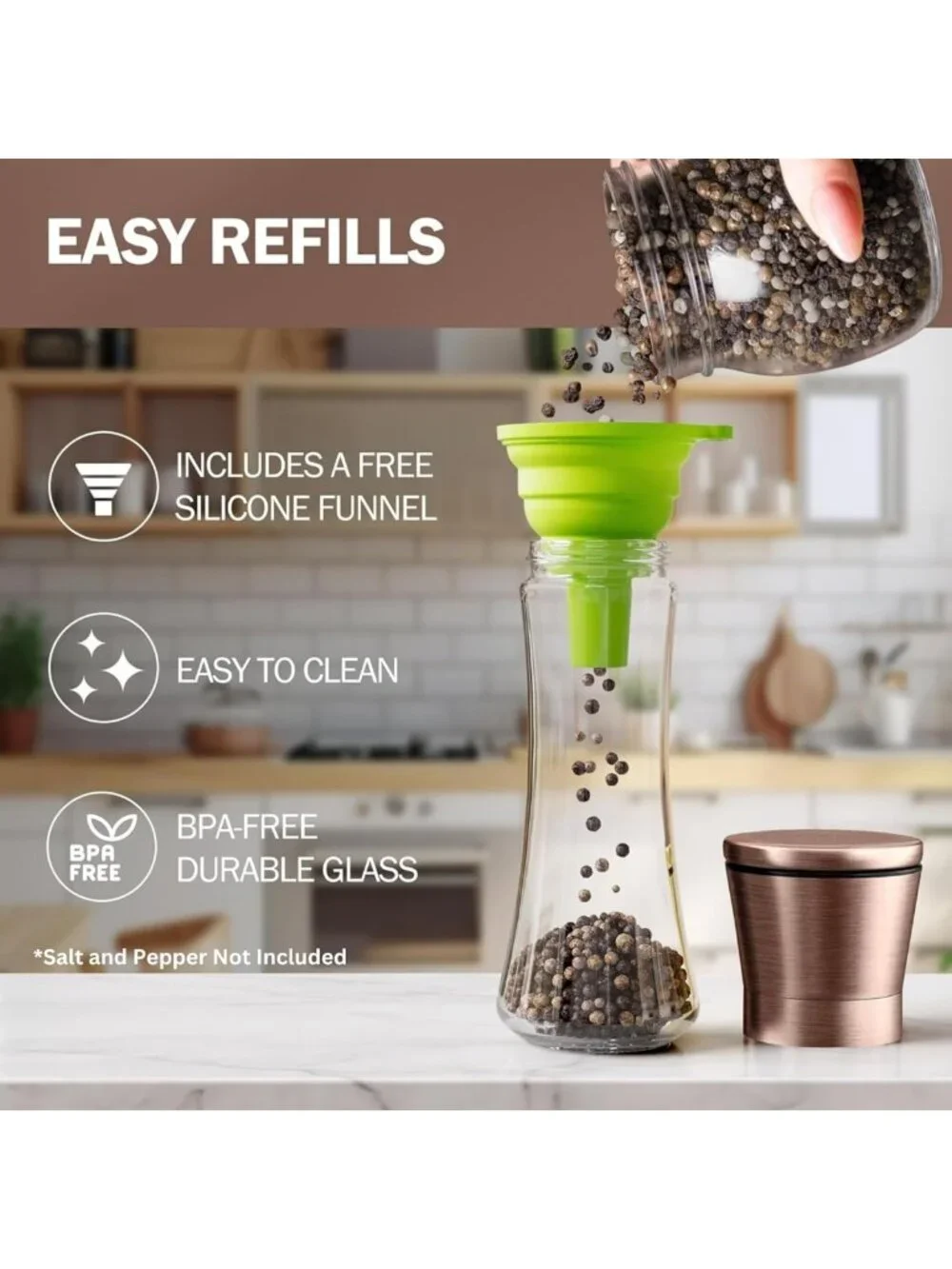 Adjustable Copper Salt & Pepper Grinder Set - Tall Glass Shakers with Funnel